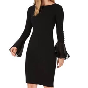 Calvin Klein Womens Black Bell Sleeve Sheath Dress Size 8 LBD Classic Old Money